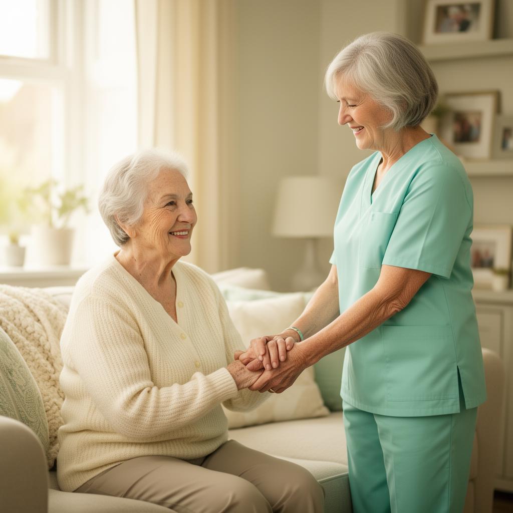 Caregiver in teal scrubs holding hands with a smiling senior in a sunlit home